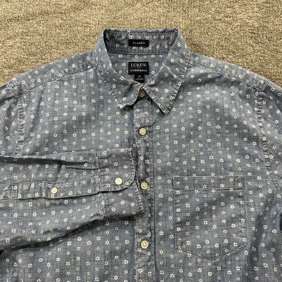 J.Crew Men’s Chambray Shirt M Blue Floral Print Classic Fit Long Sleeve Cotton - Picture 1 of 9
